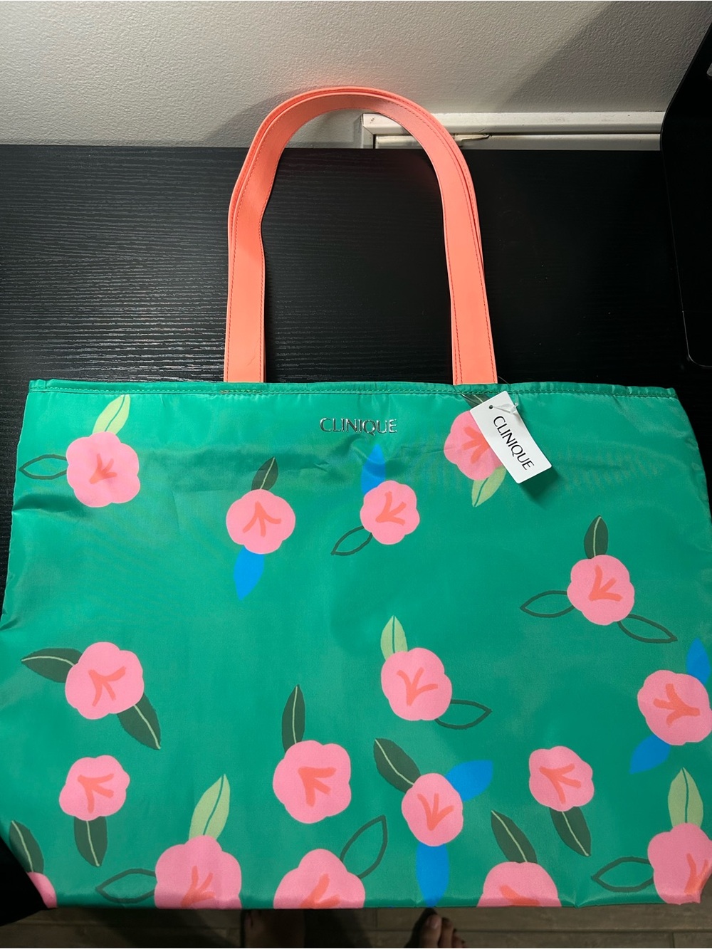 Clinique Green Floral Tote Bag with Pink Handles